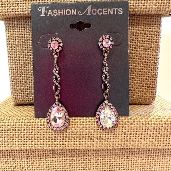 NWT Fashion Accents Earrings antique gold tone w/ clear jewels & rhinestones - Picture 2 of 6